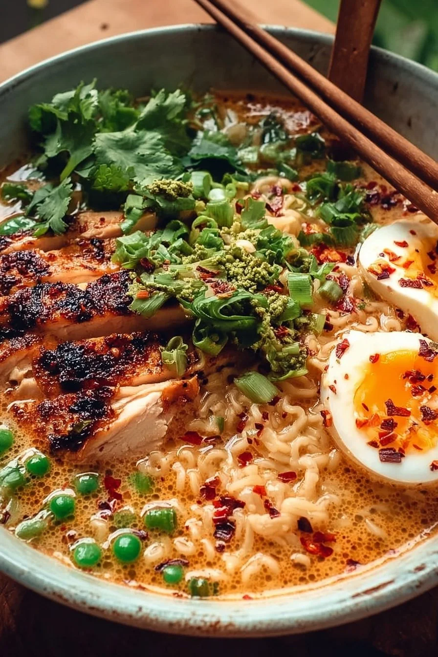 Bowl of Marry Me Chicken Ramen topped with herbs and sesame seeds.