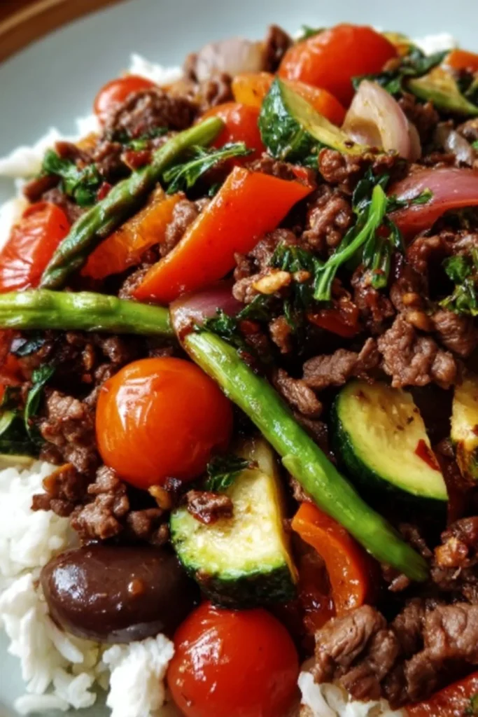Mediterranean beef stir fry with colorful vegetables and aromatic spices
