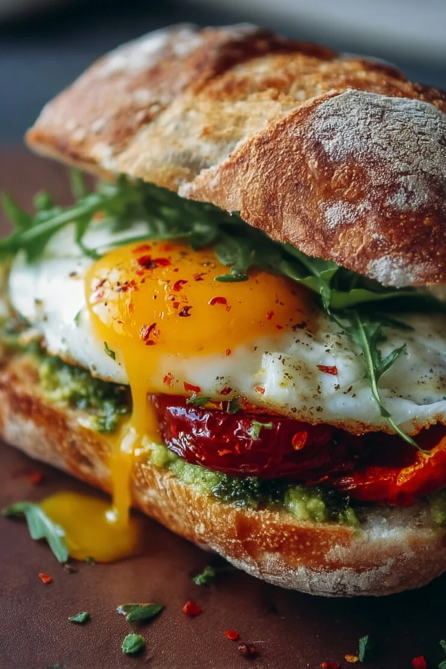 Mediterranean breakfast sandwich with fresh ingredients on a plate