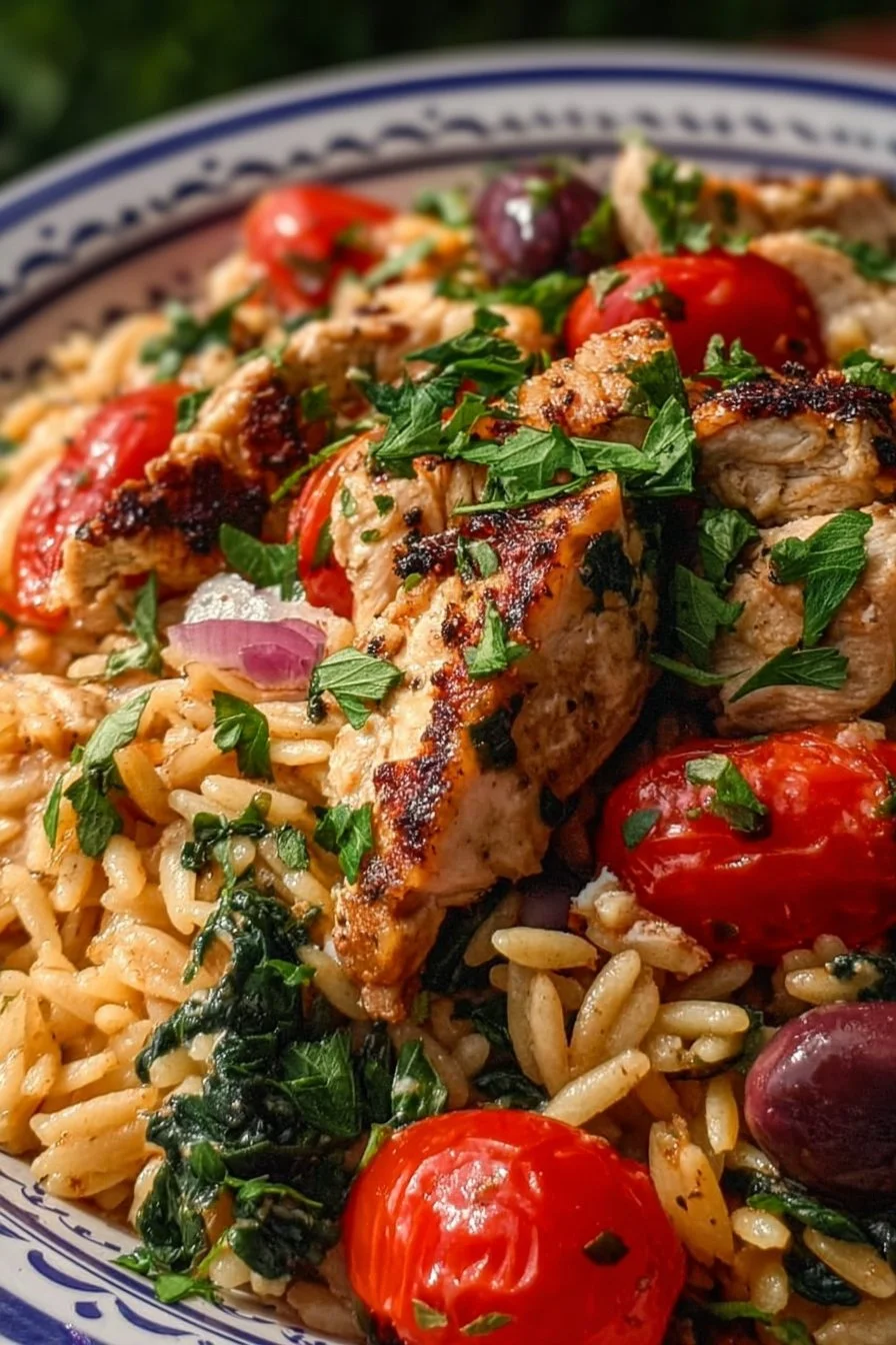 Delicious Mediterranean Chicken Orzo with colorful veggies and herbs