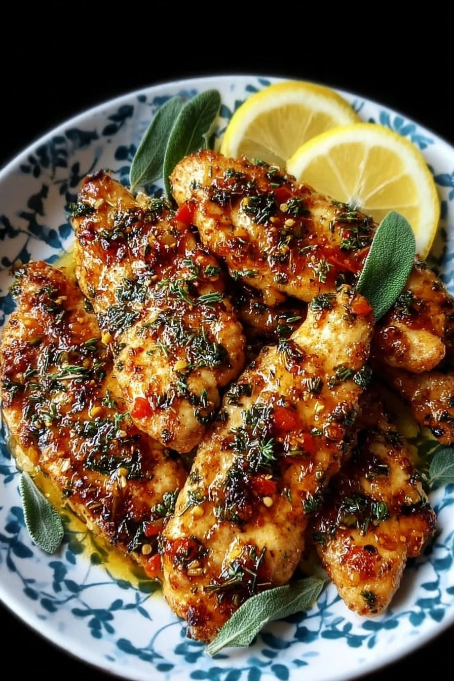 Plate of Mediterranean Chicken Tenders garnished with herbs and spices