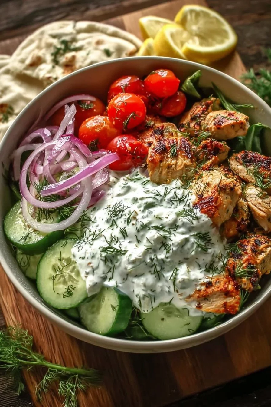Mediterranean chicken tzatziki bowls with fresh vegetables and grilled chicken