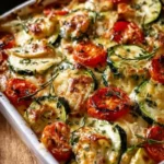 Mediterranean Chicken Zucchini Bake with herbs and spices in a casserole dish