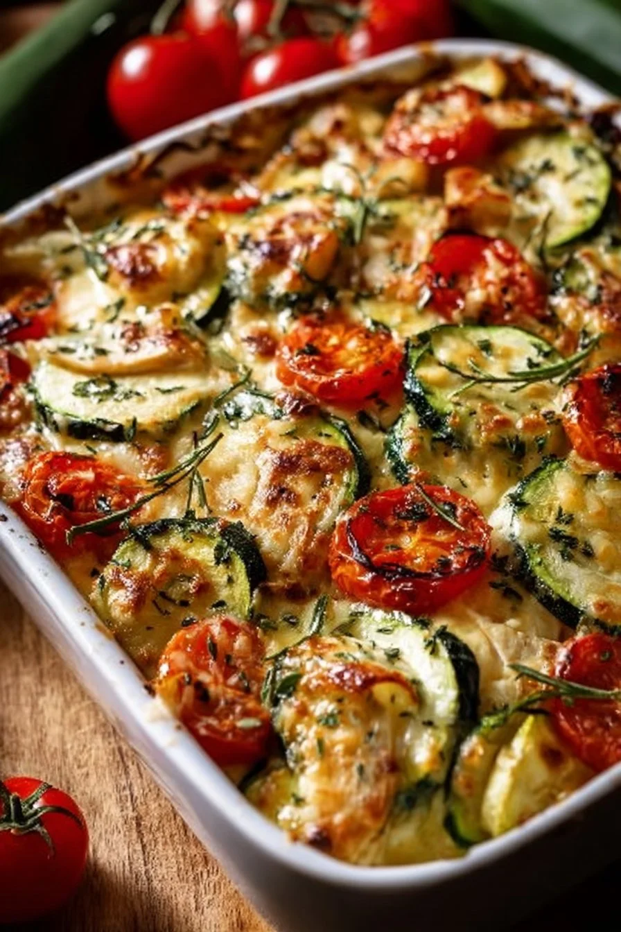 Mediterranean Chicken Zucchini Bake with herbs and spices in a casserole dish