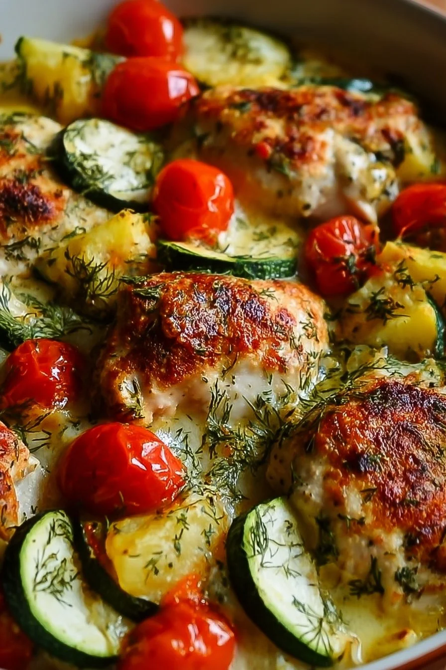 Delicious Mediterranean Chicken Zucchini Bake with fresh ingredients.