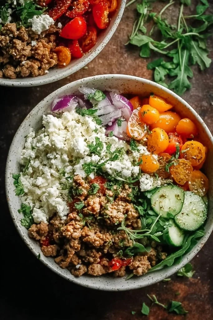 Mediterranean ground turkey bowls with fresh vegetables and spices