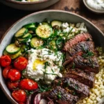 Mediterranean steak bowl with fresh vegetables and grains