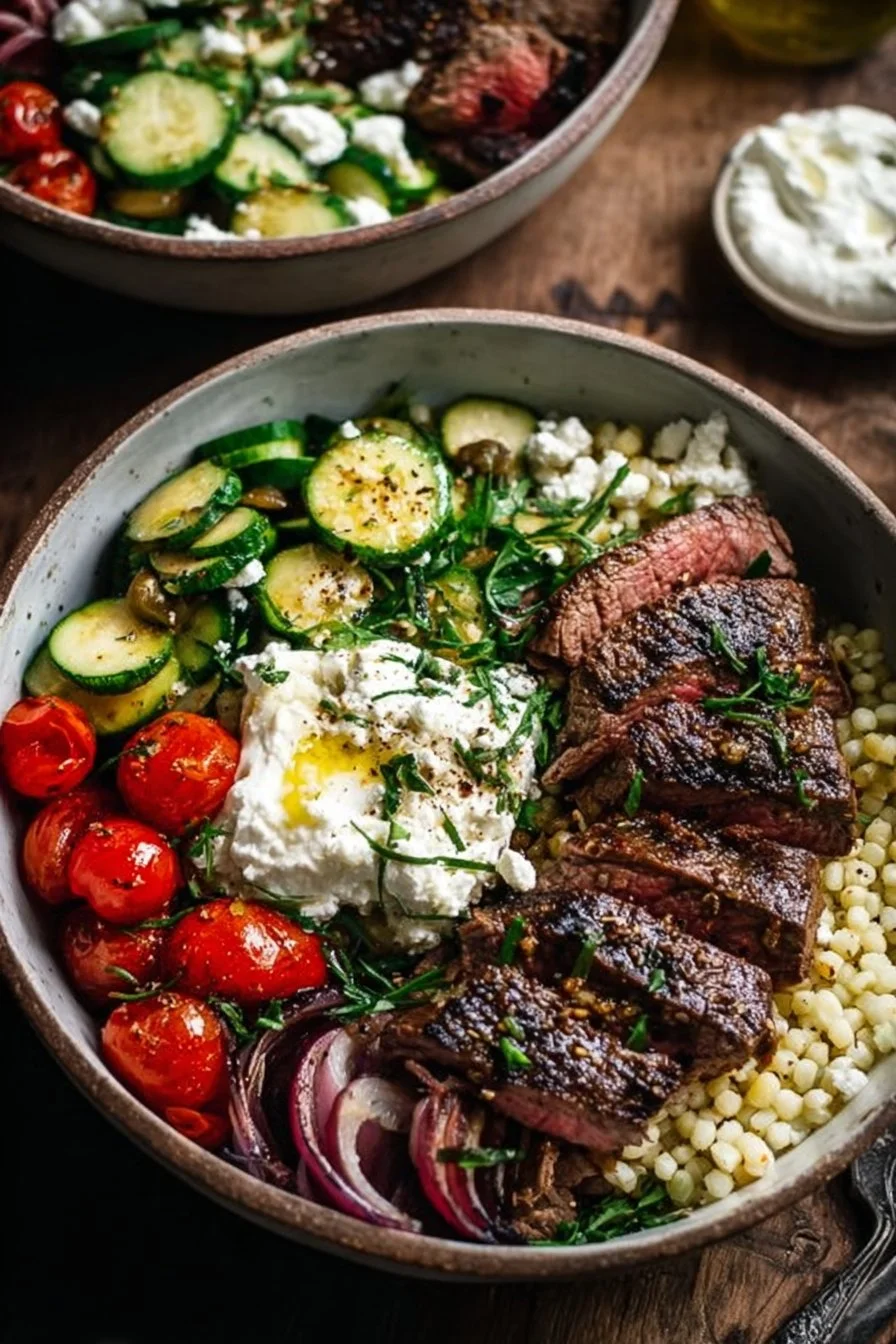 Mediterranean steak bowl with fresh vegetables and grains