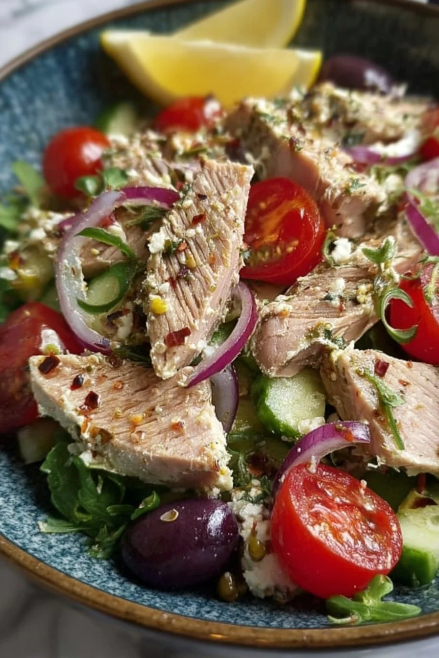 Mediterranean tuna salad with fresh vegetables and dressing