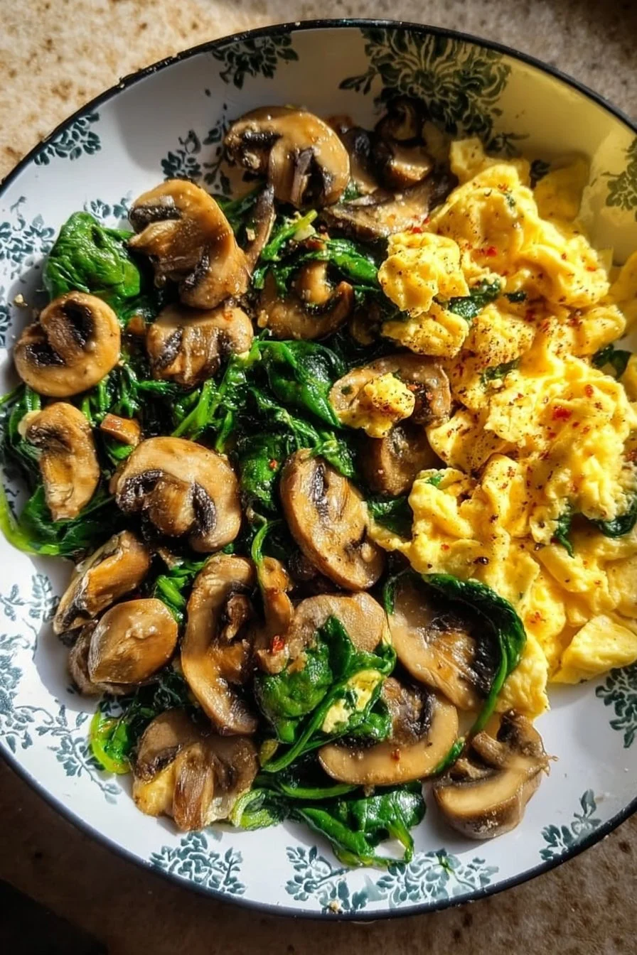 Mushroom Spinach Scrambled Eggs served in a bowl for a nutritious breakfast