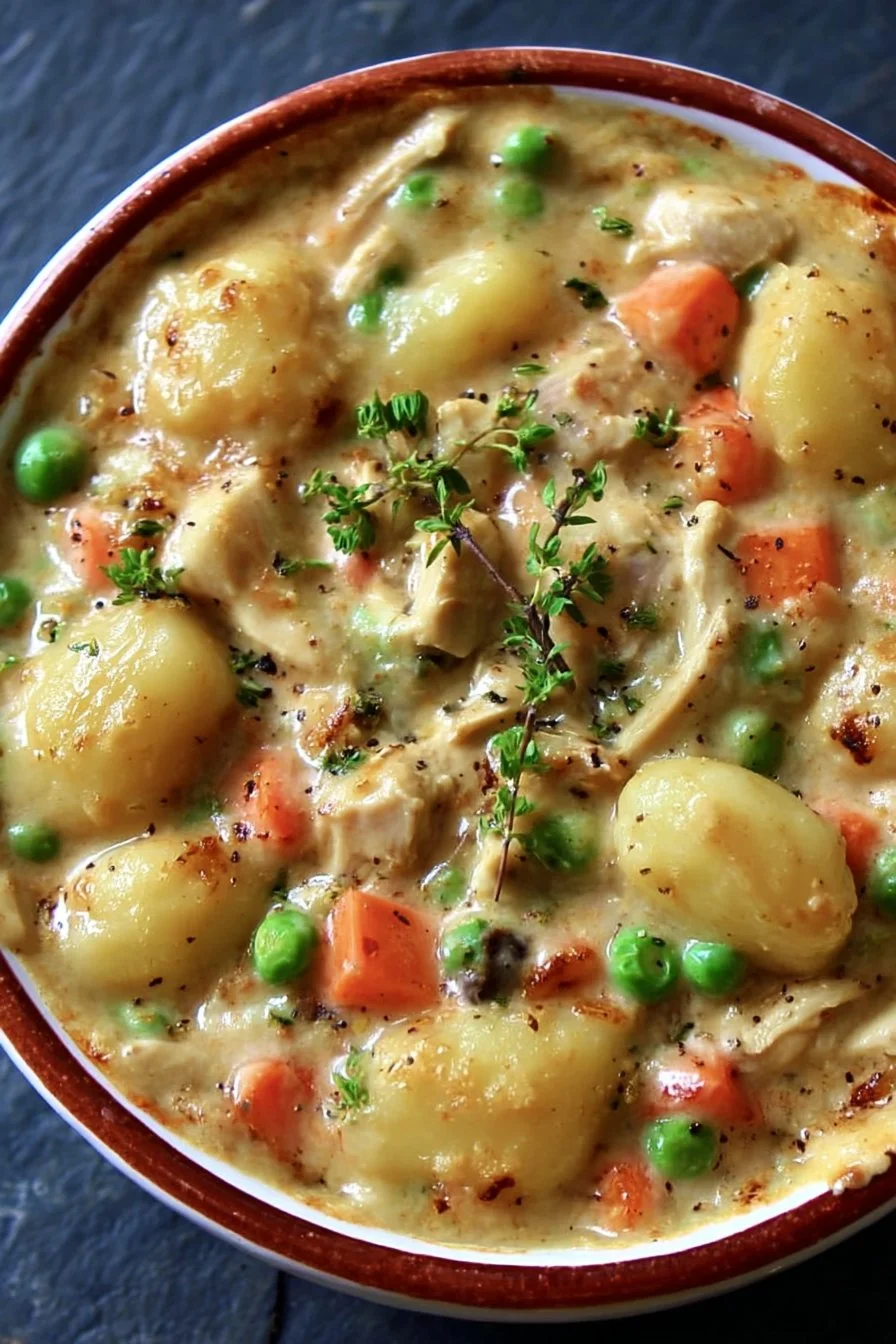 One pot gnocchi chicken pot pie with a golden crust and creamy filling