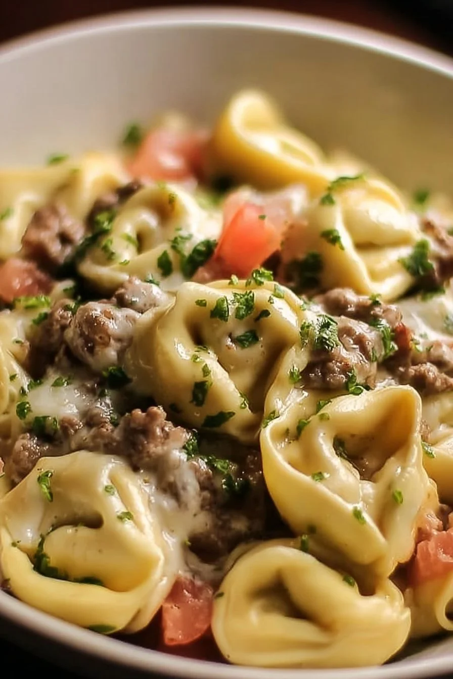 Delicious Philly Cheesesteak Tortellini served in a bowl.