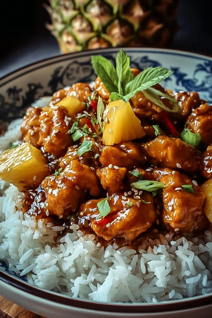 Delicious Pineapple Chicken served with rice on a plate.
