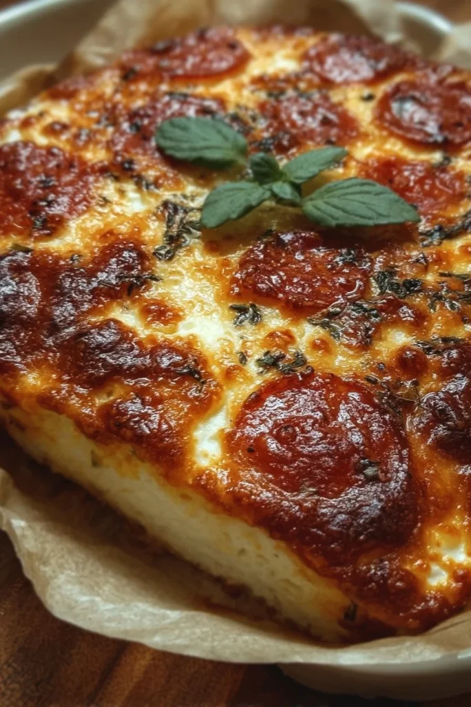Delicious Pizza-Style Cottage Cheese Bake topped with cheese and vegetables