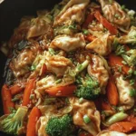 Delicious potsticker stir fry with fresh vegetables and crispy potstickers.