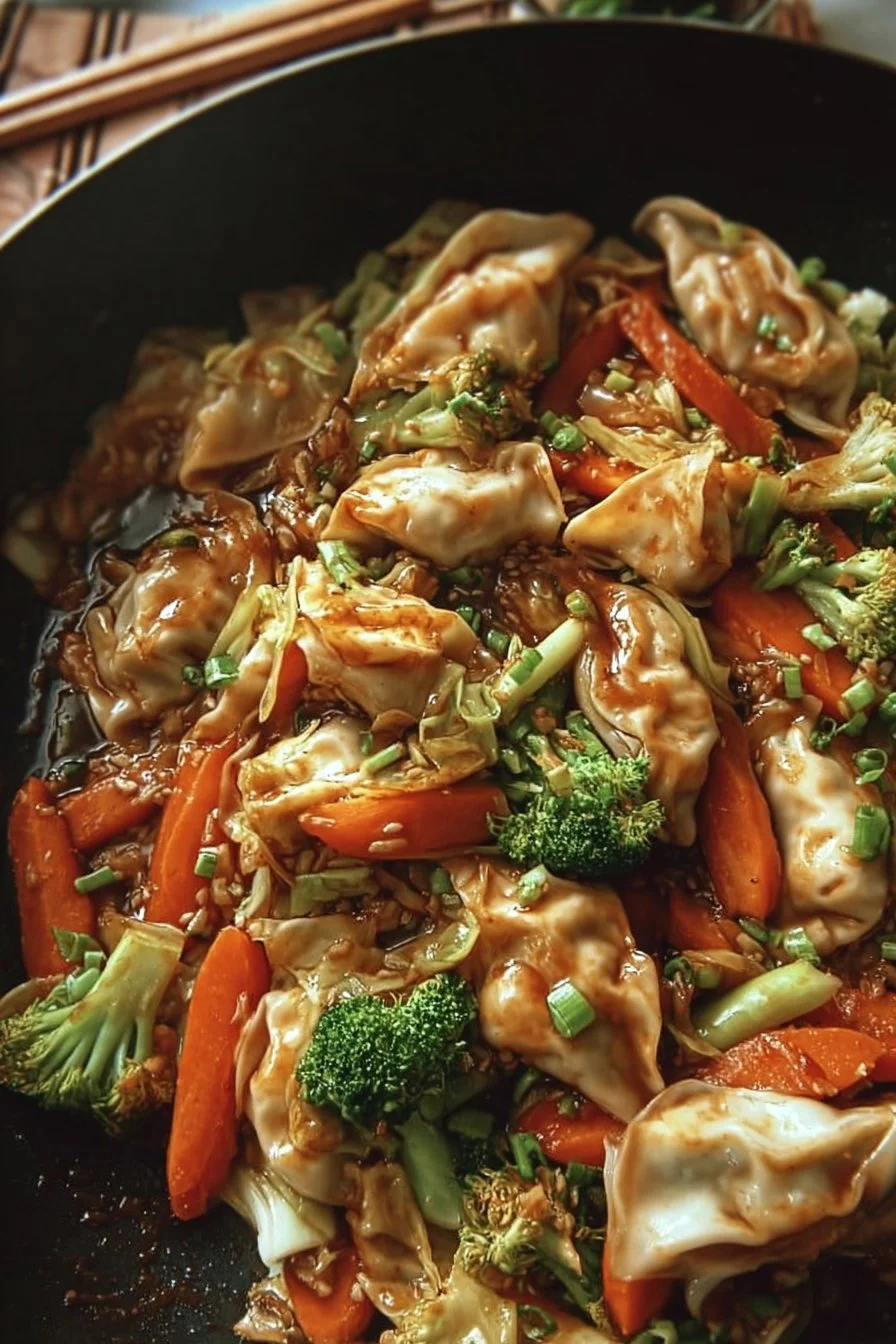 Delicious potsticker stir fry with fresh vegetables and crispy potstickers.