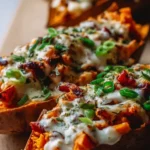 Delicious protein loaded sweet potato boats topped with fresh ingredients