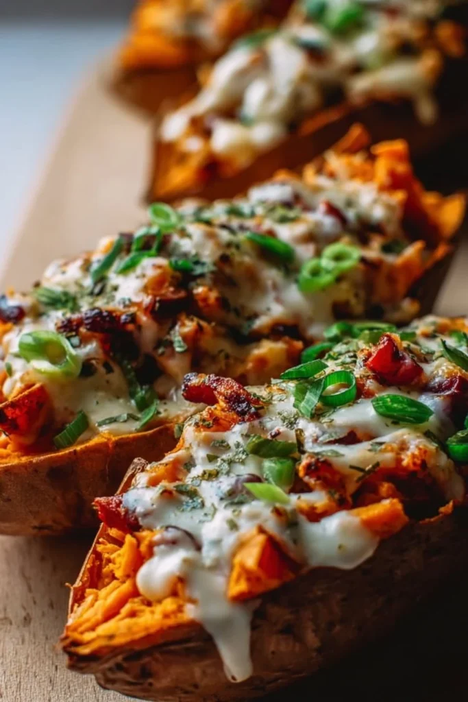 Delicious protein loaded sweet potato boats topped with fresh ingredients