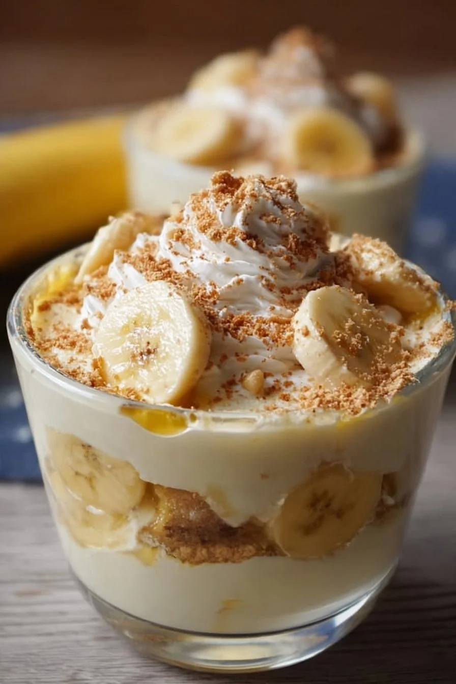 Protein-packed banana pudding served in a bowl with fresh banana slices.