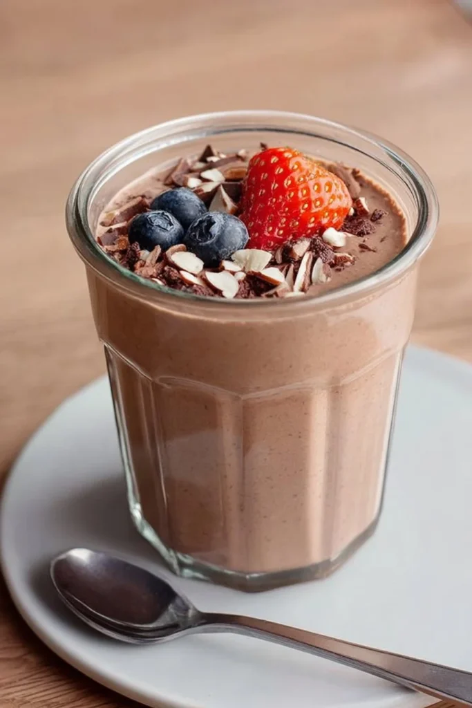 Delicious bowl of protein pudding topped with berries and nuts