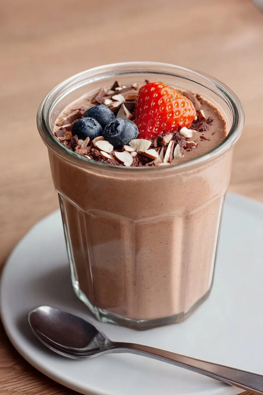 Delicious bowl of protein pudding topped with berries and nuts