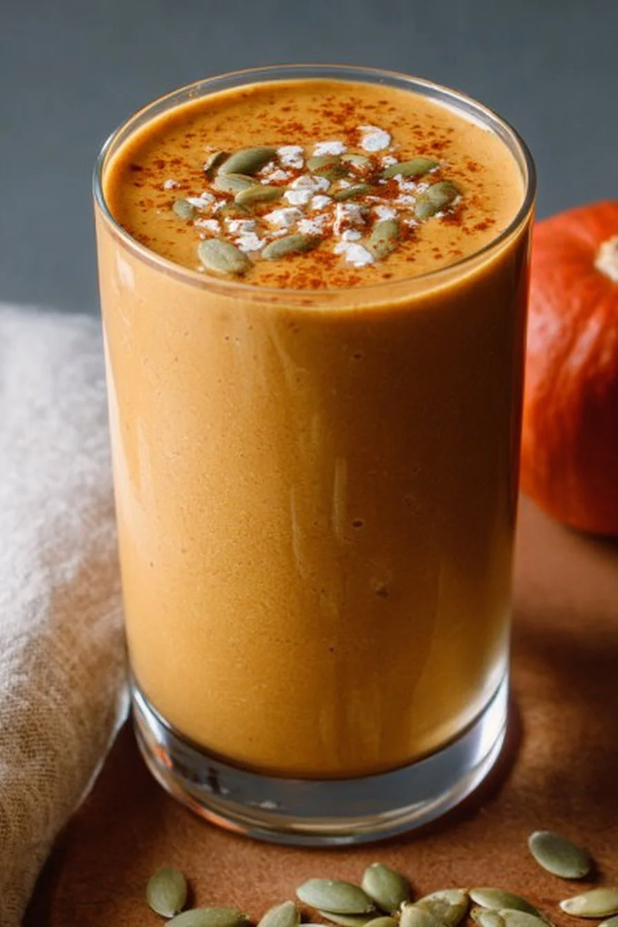 Healthy pumpkin protein smoothie in a glass with toppings