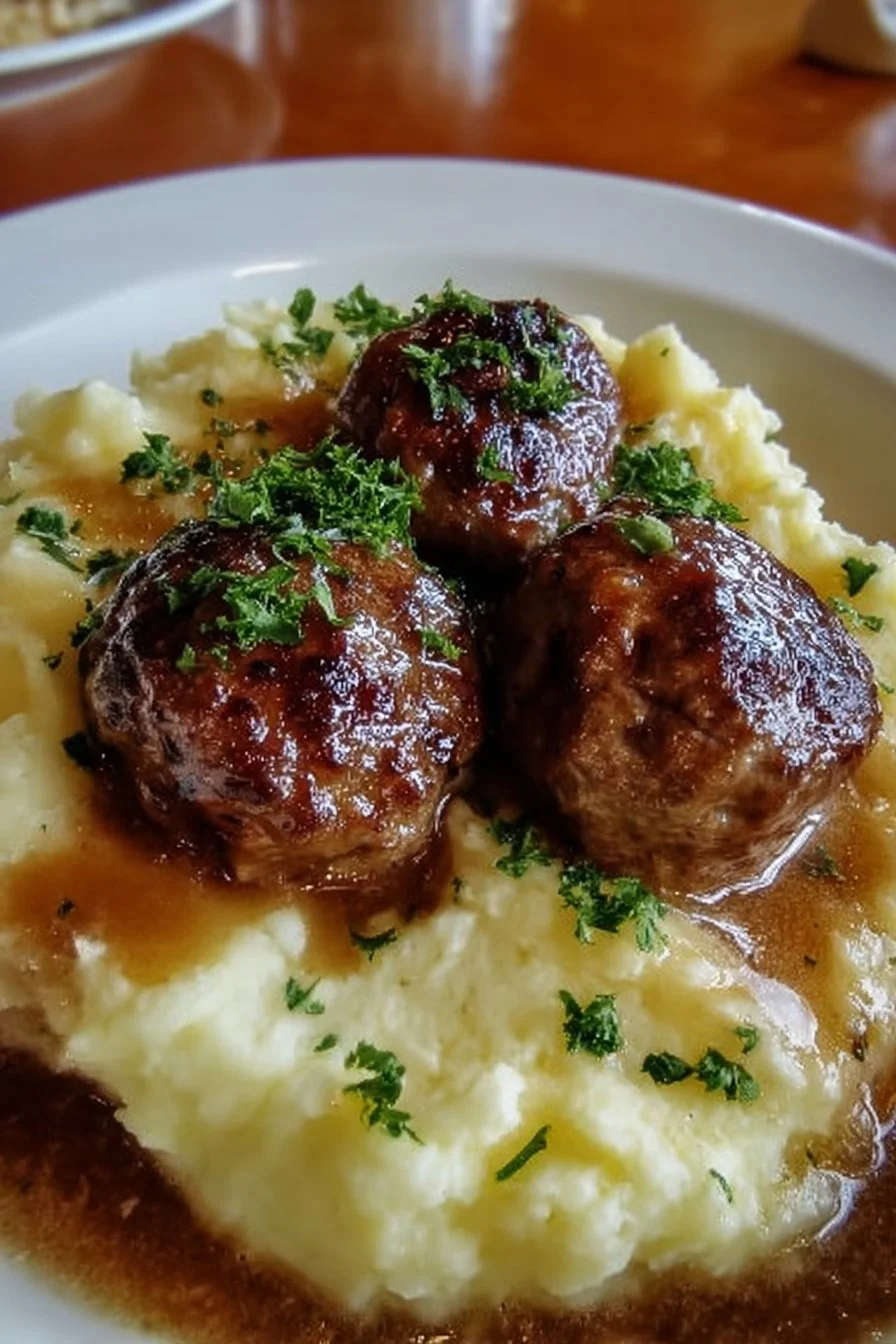 Salisbury steak meatballs served with garlic herb mashed potatoes