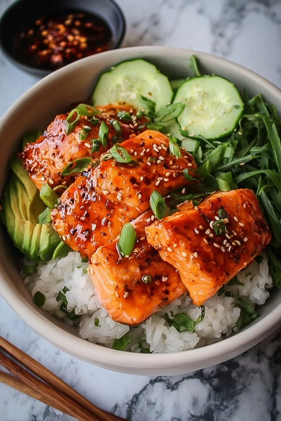 Salmon Rice Bowls 3 Healthy salmon rice bowl topped with vegetables and a drizzle of sauce