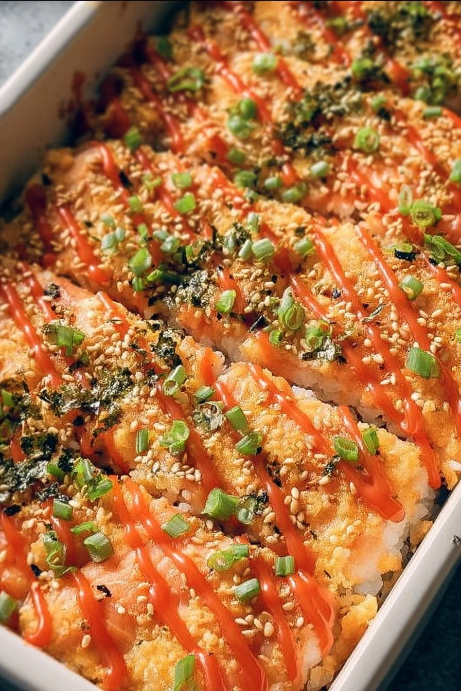 Deliciously baked Salmon Sushi Bake served in a casserole dish with toppings.