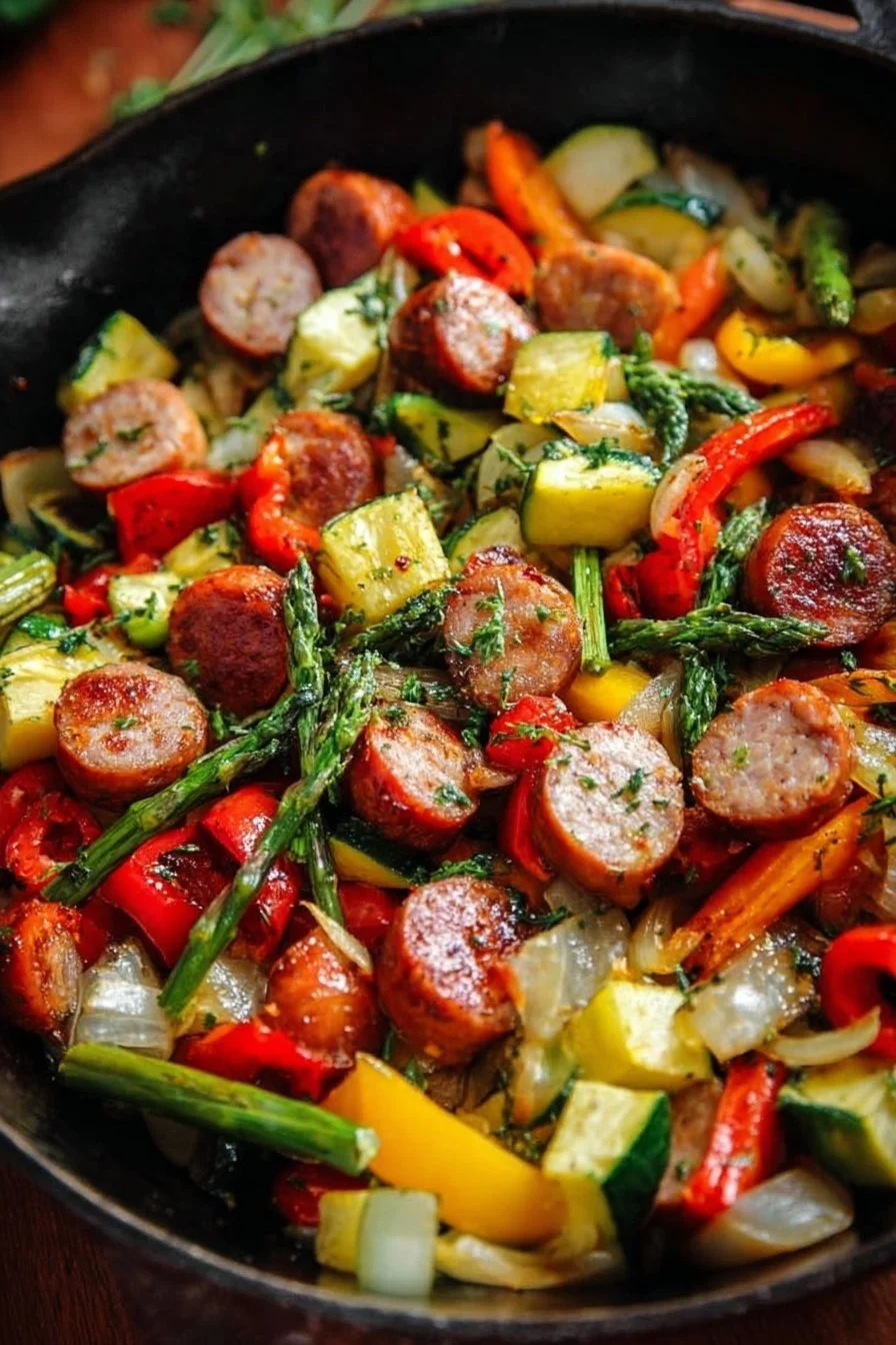 Sausage and veggies skillet dish with colorful ingredients sautéed together