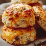 Freshly baked Sausage Cheese Biscuits on a wooden platter.