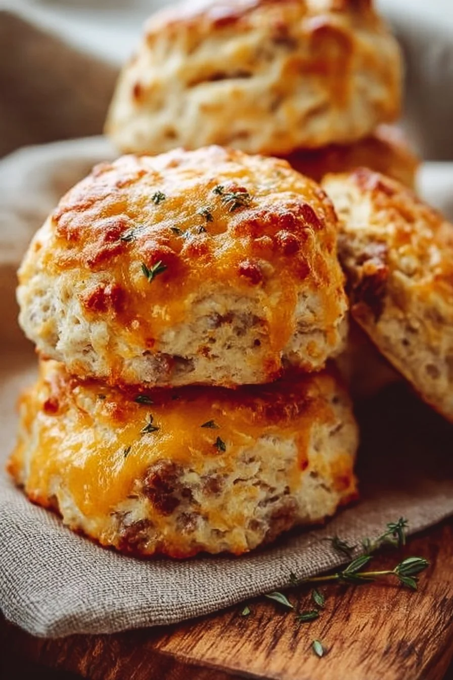 Freshly baked Sausage Cheese Biscuits on a wooden platter.