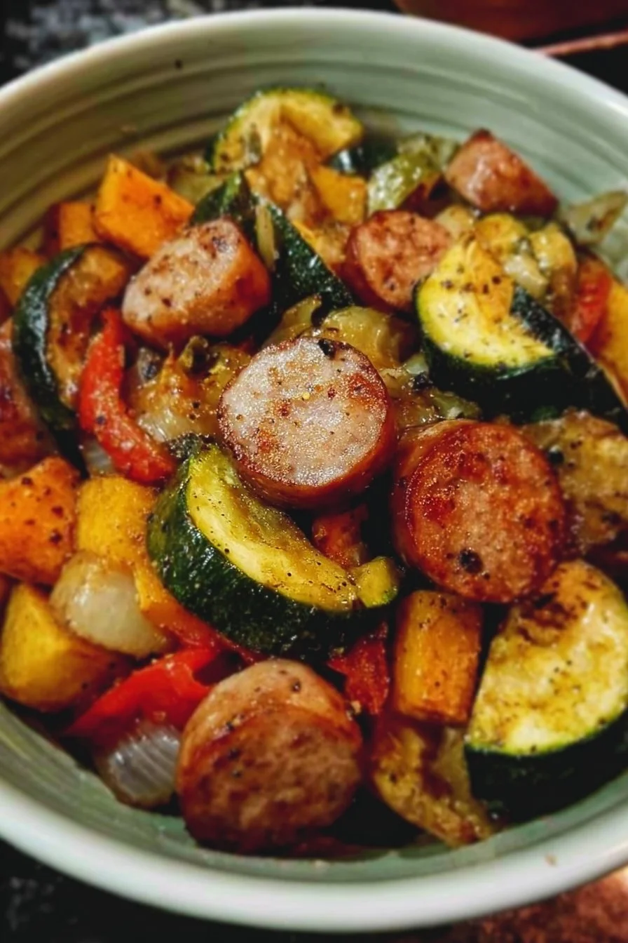 Colorful sausage veggie skillet bowl with fresh vegetables and spices