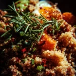 Delicious Savory Quinoa Pilaf served with fresh herbs and veggies