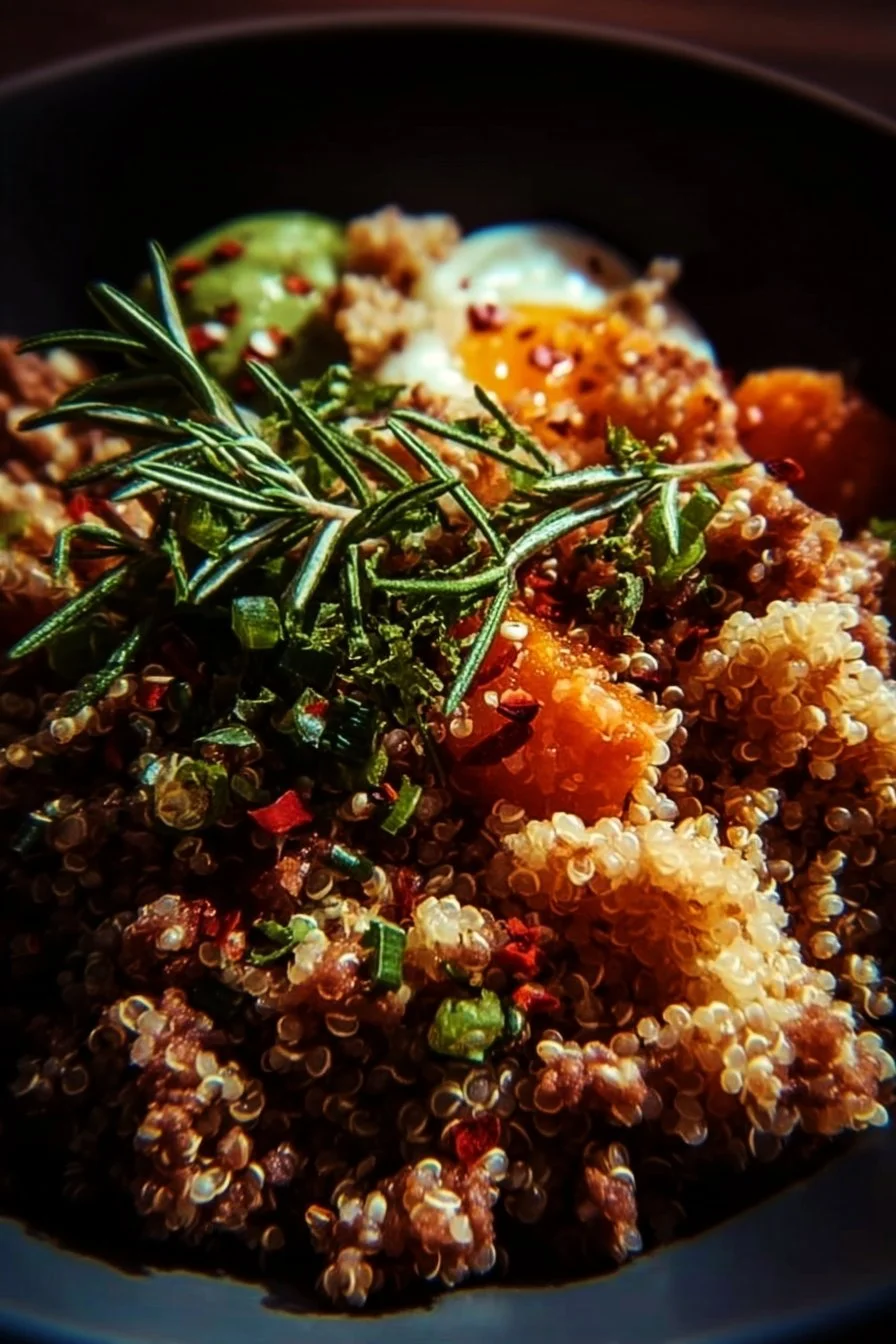 Delicious Savory Quinoa Pilaf served with fresh herbs and veggies