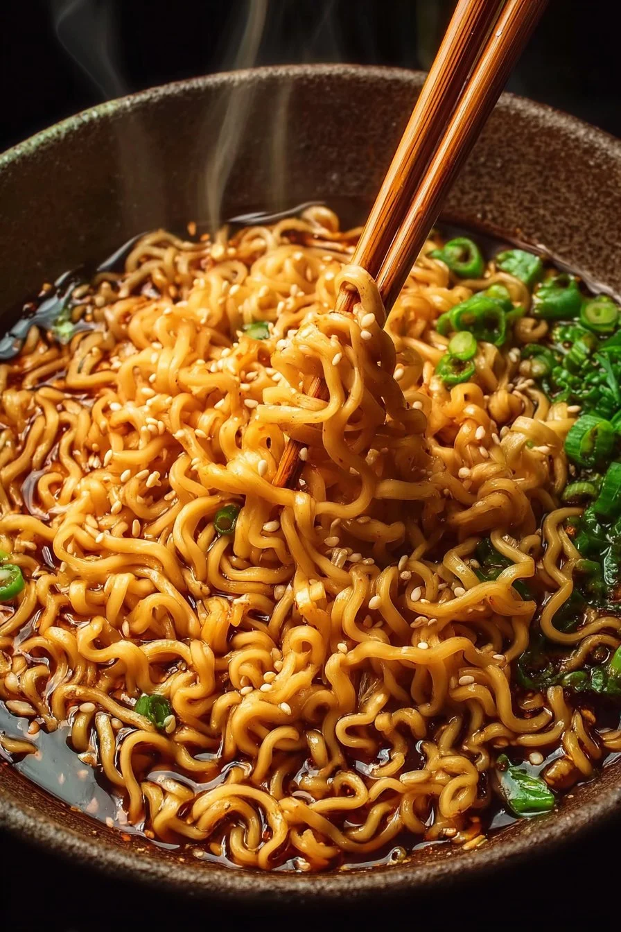 Bowl of savory saucy ramen noodles with vibrant toppings