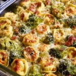 Sheet Pan Broccoli Tortellini Bake with colorful vegetables and cheese