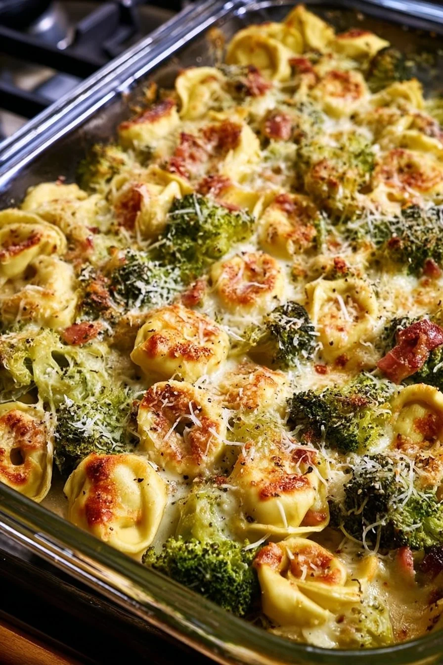 Sheet Pan Broccoli Tortellini Bake with colorful vegetables and cheese