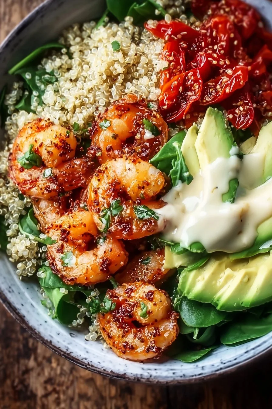 Shrimp quinoa bowl with vibrant vegetables and seasoning