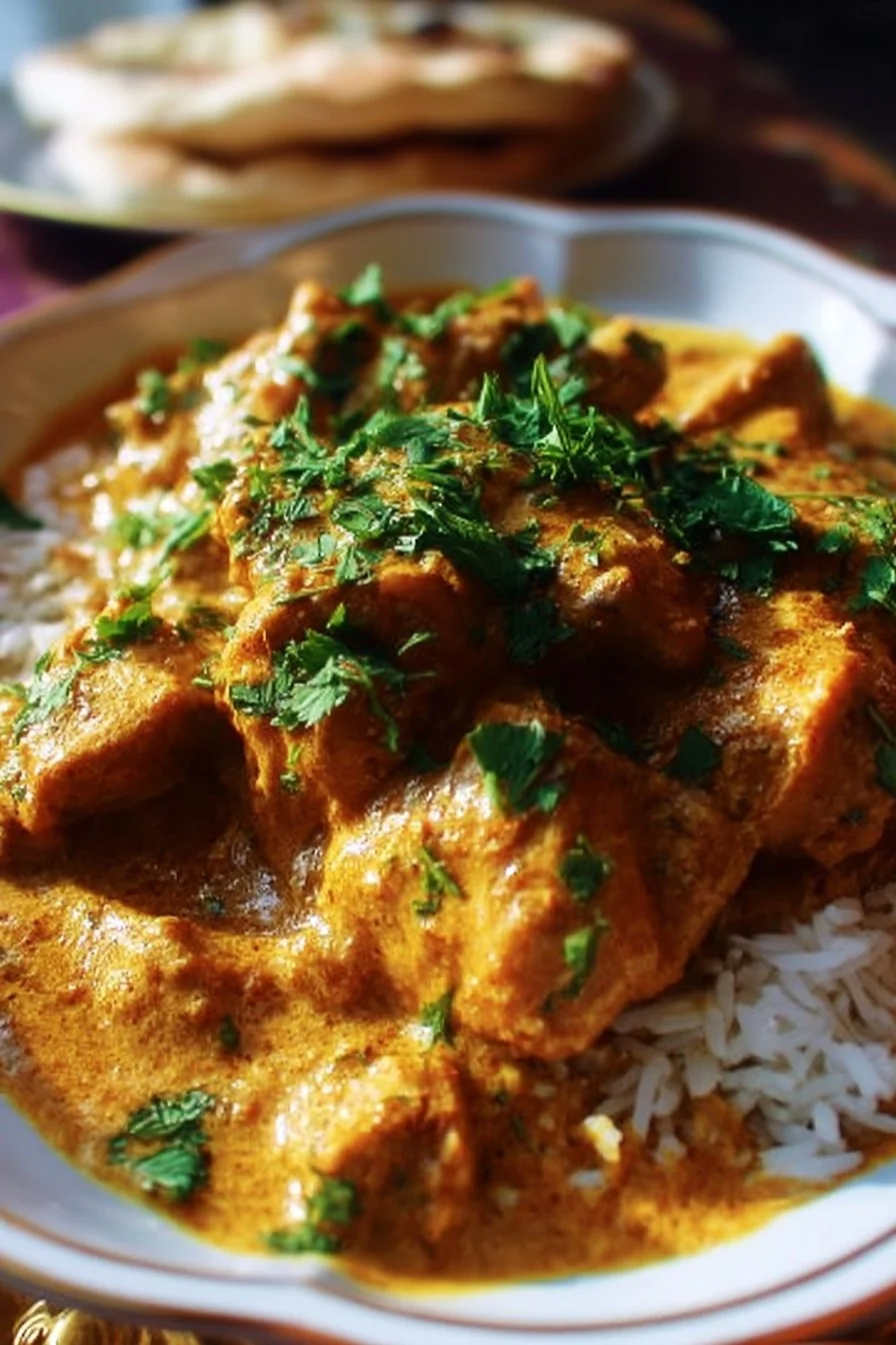 Slow Cooker Chicken Korma served in a bowl with rice and garnished with cilantro