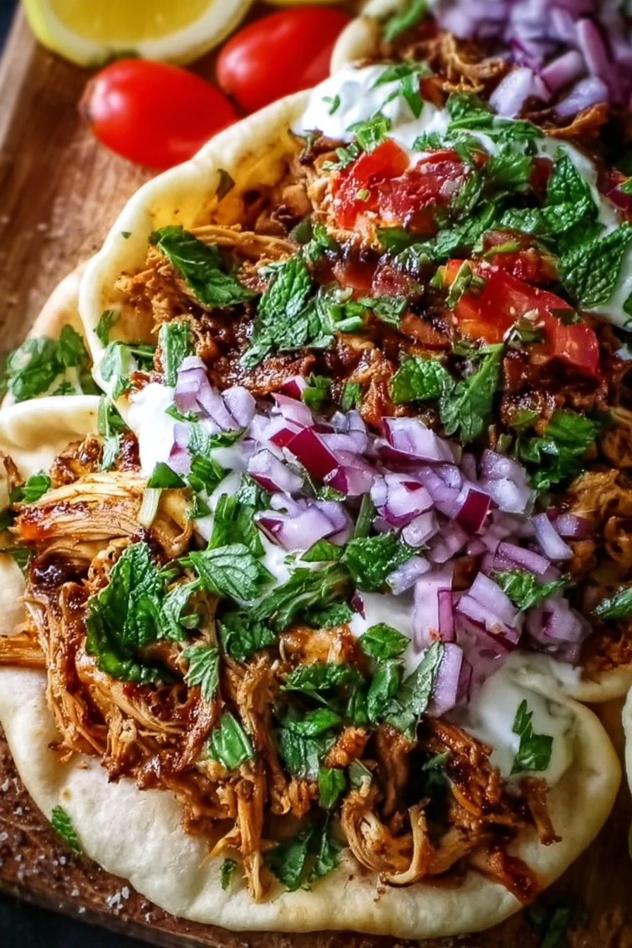 Plate of slow cooker chicken shawarma garnished with fresh vegetables and sauce.