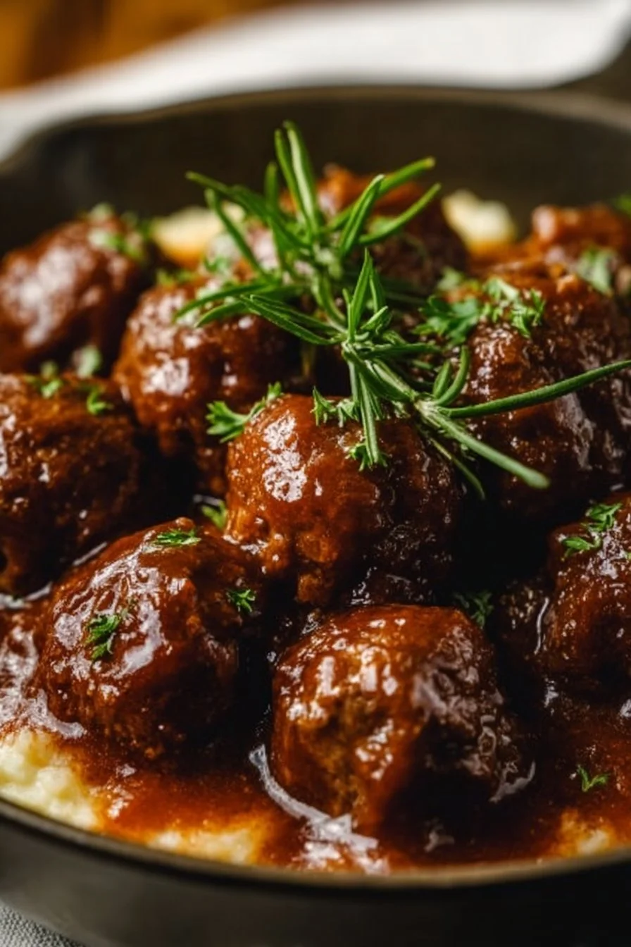 Slow Cooker Salisbury Steak Meatballs served with gravy and vegetables