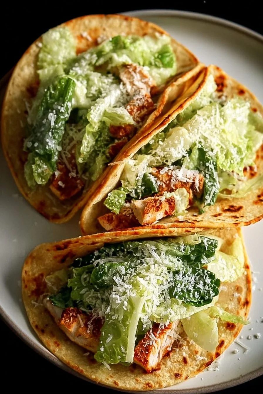 Delicious Smash Chicken Caesar Tacos served on a plate