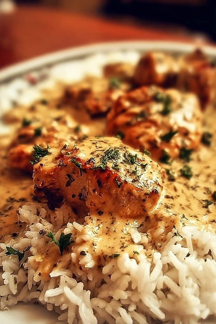 Delicious smothered chicken served over fluffy rice, a comforting meal.