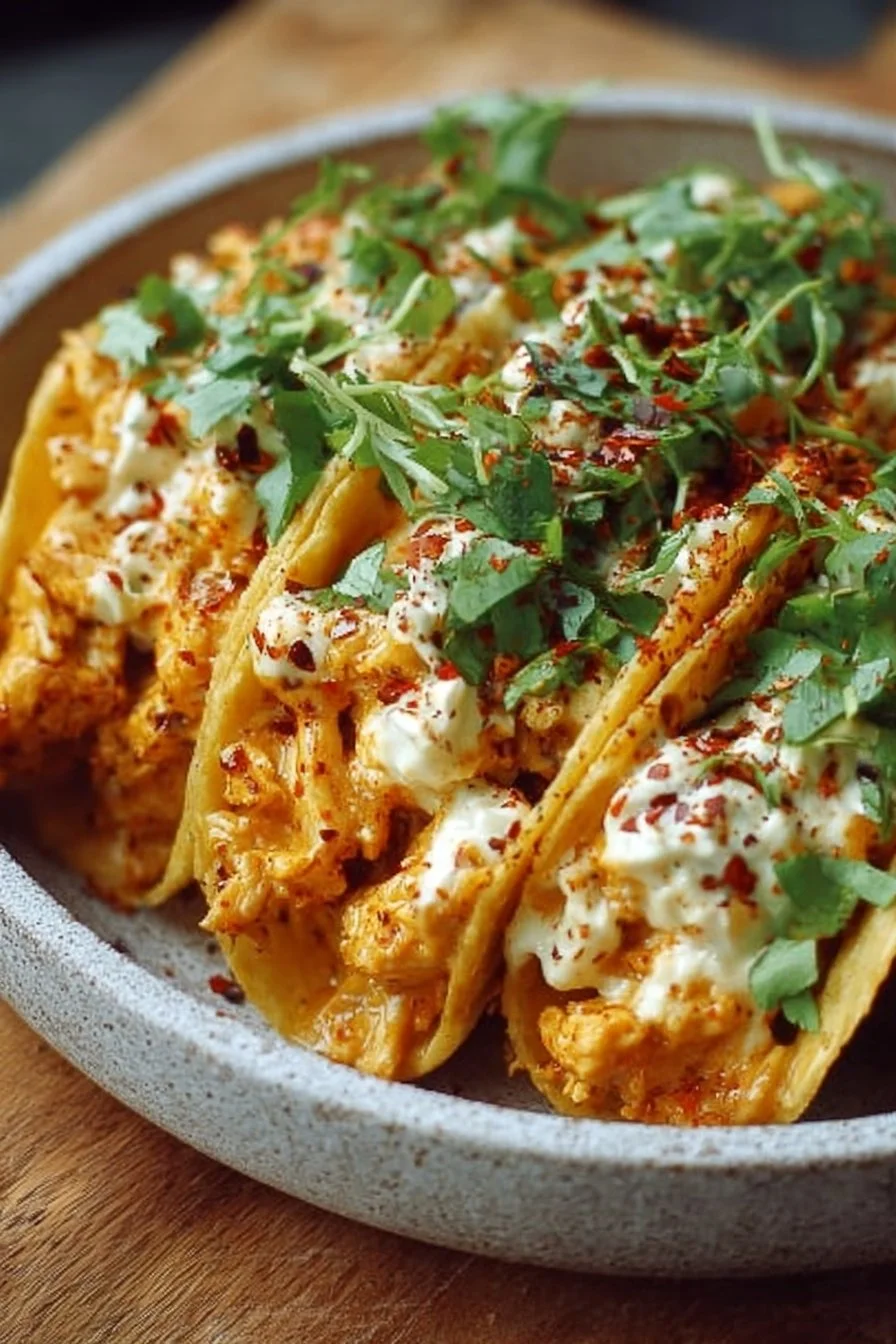 Delicious spicy chicken tacos served with fresh toppings and garnishes