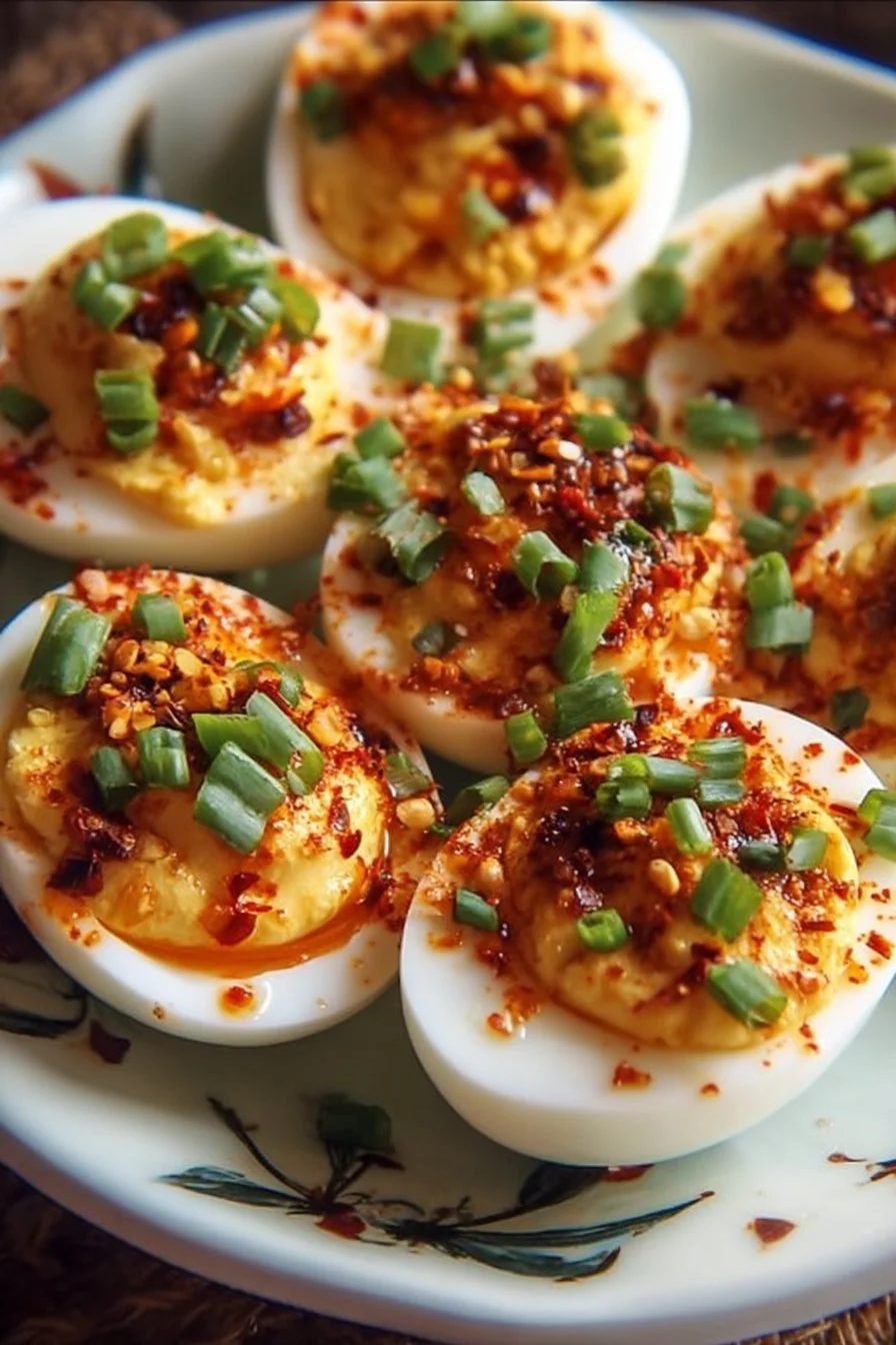 Spicy chili garlic deviled eggs arranged on a platter
