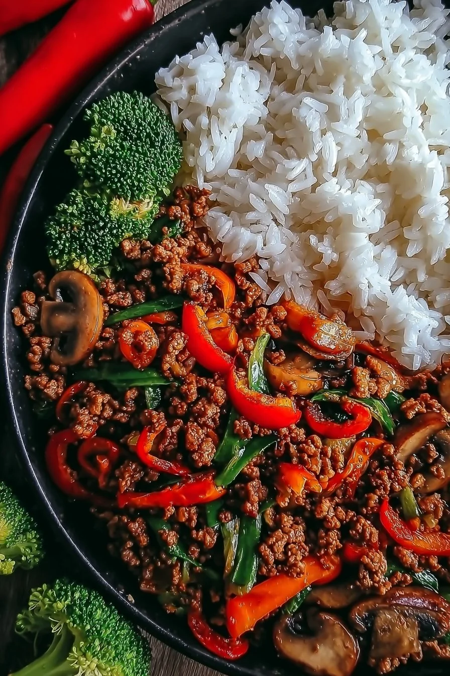 A colorful spicy ground beef stir fry with vegetables served in a bowl.