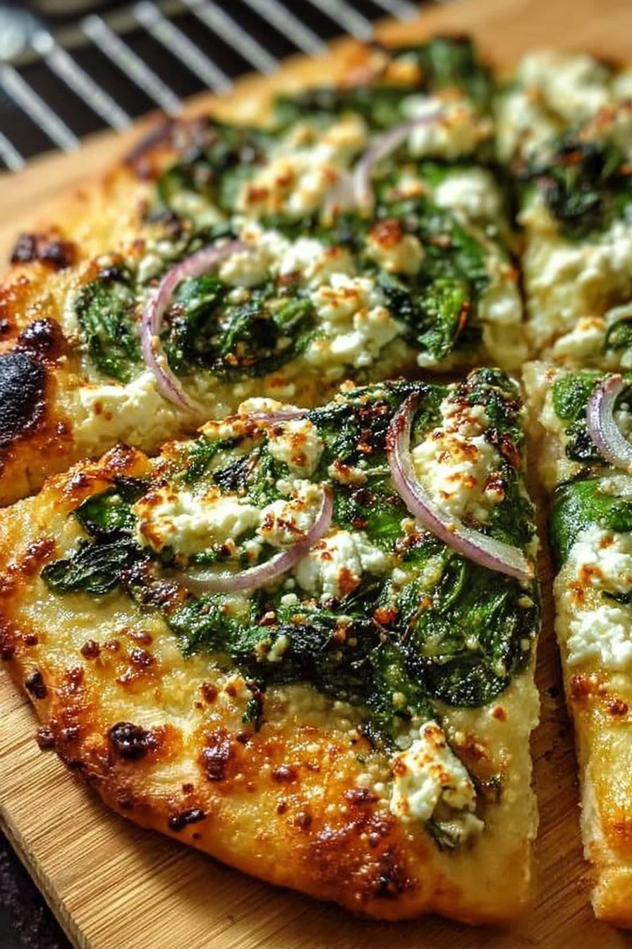 Spinach Feta Flatbread Pizza with fresh ingredients and vibrant colors