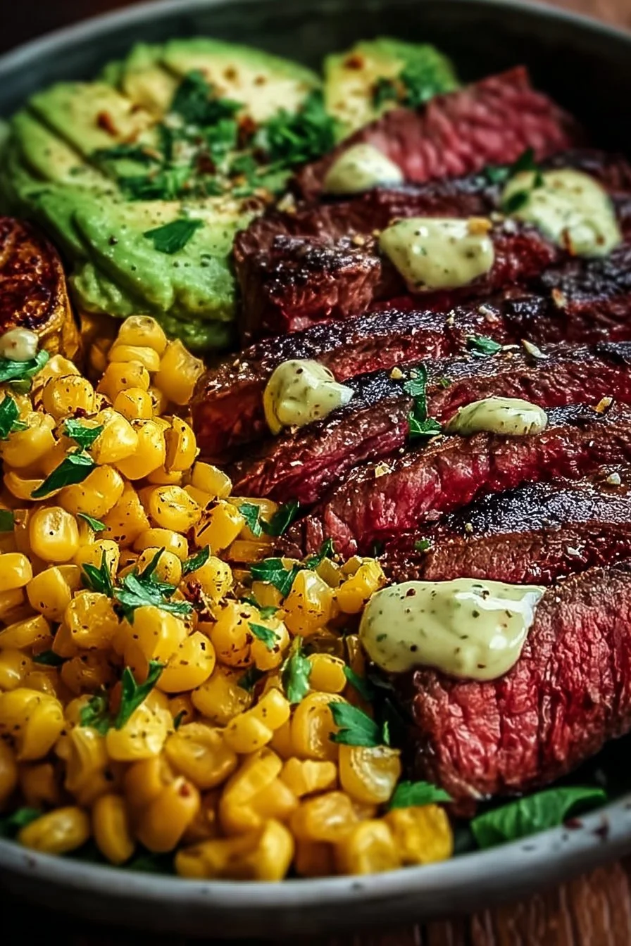 Steak Avocado Corn Bowl with fresh ingredients and vibrant colors