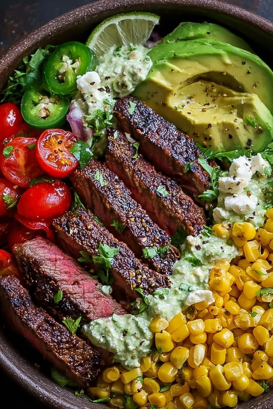 Steak Avocado Roasted Corn Bowl with fresh ingredients and vibrant colors